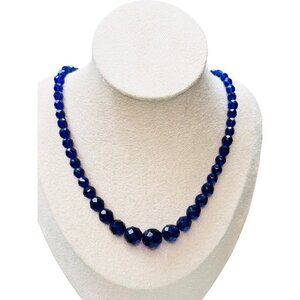Vintage Deep Blue Faceted Glass Bead Necklace With Silver-Tone Clasp